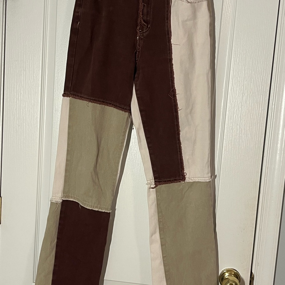 SHEIN Patchwork Flare Jeans - Brown and Cream